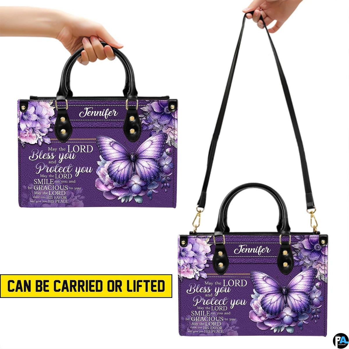 Dimensions chart displaying size measurements for violet butterfly handbag and matching wallet.