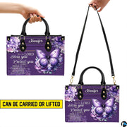 Dimensions chart displaying size measurements for violet butterfly handbag and matching wallet.