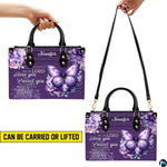 Dimensions chart displaying size measurements for violet butterfly handbag and matching wallet.