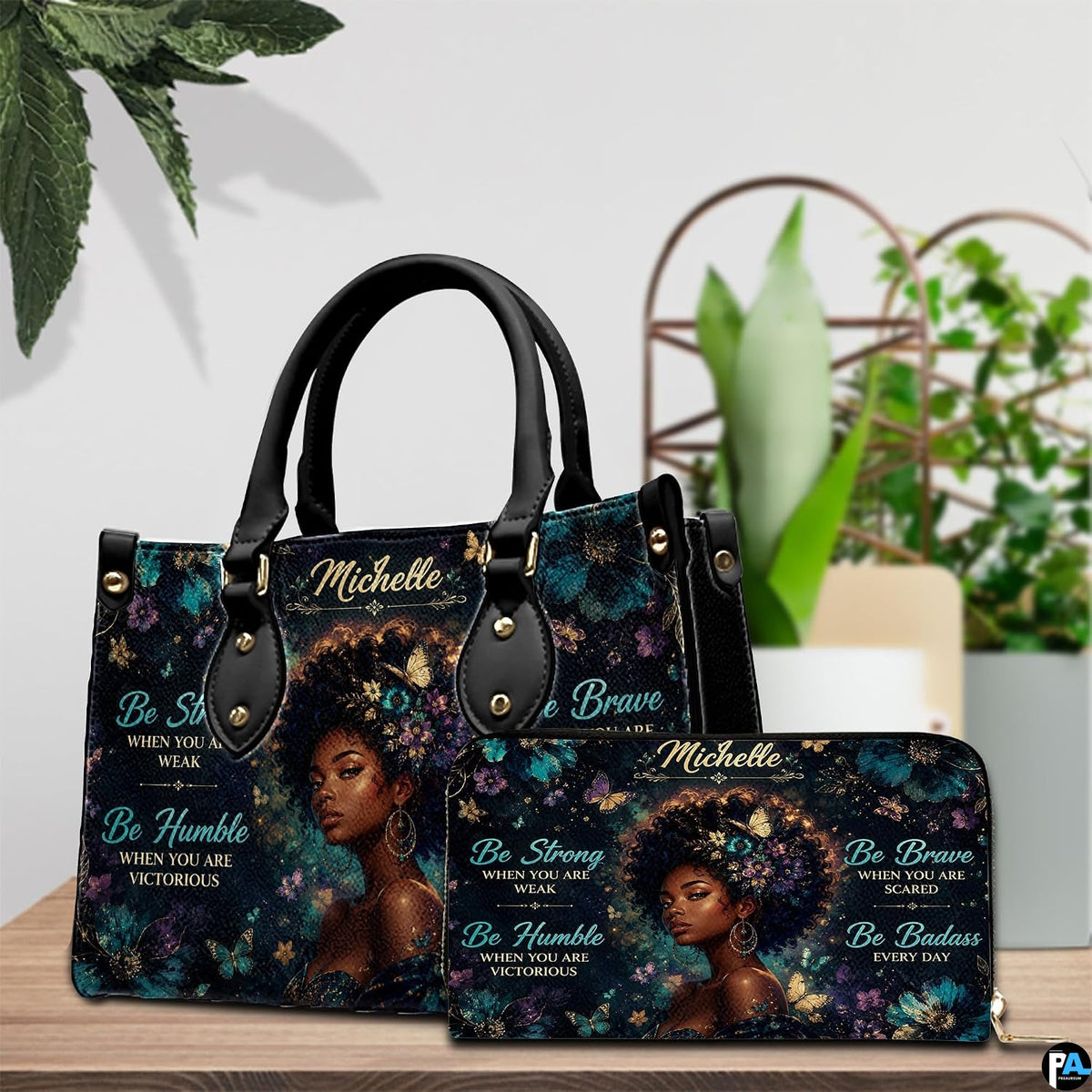 Teal butterfly portrait handbag and wallet with jewel-tone flowers