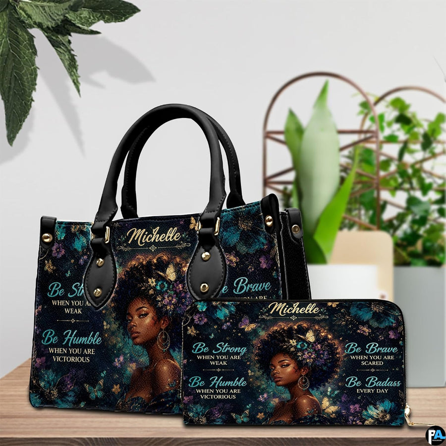 Teal butterfly portrait handbag and wallet with jewel-tone flowers