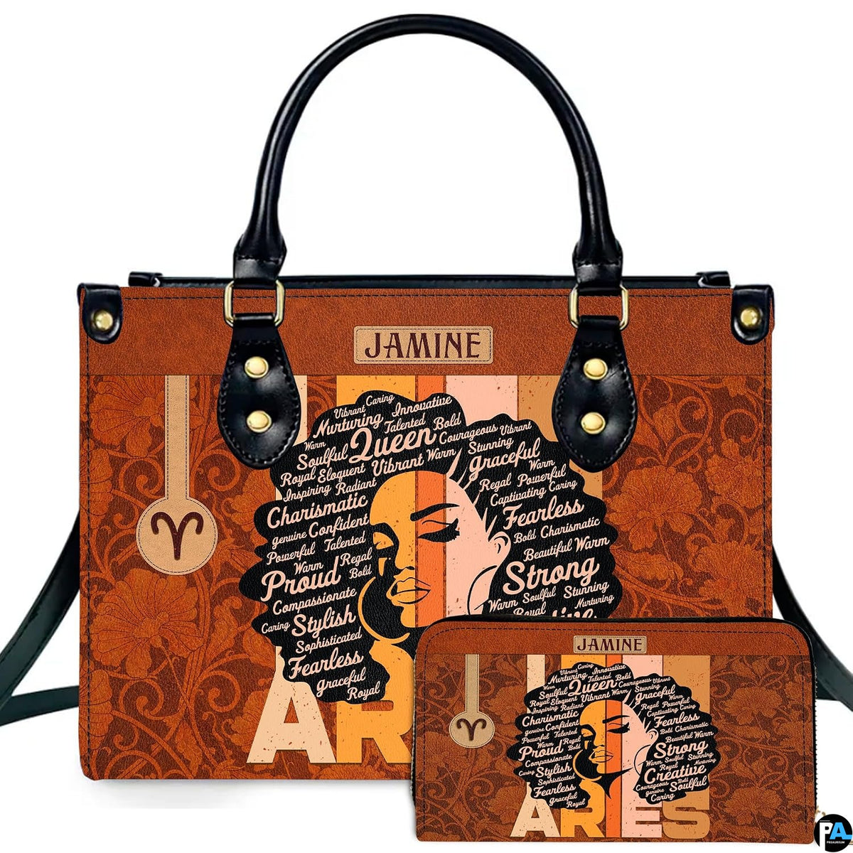 Zodiac ram afro queen handbag and matching wallet set featuring afro silhouette and retro stripes.