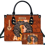 Zodiac ram afro queen handbag and matching wallet set featuring afro silhouette and retro stripes.