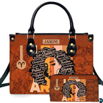 Zodiac ram afro queen handbag and matching wallet set featuring afro silhouette and retro stripes.
