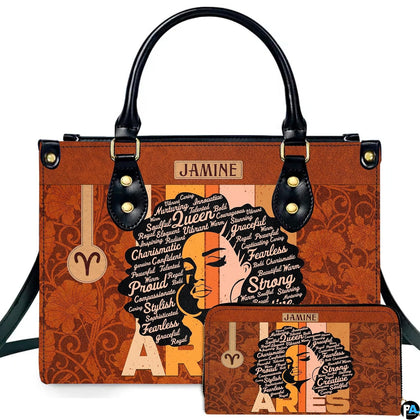 Zodiac ram afro queen handbag and matching wallet set featuring afro silhouette and retro stripes.
