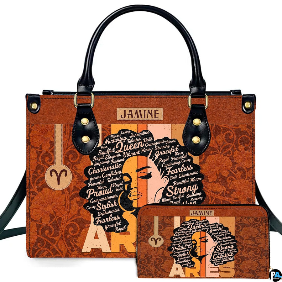 Zodiac ram afro queen handbag and matching wallet set featuring afro silhouette and retro stripes.