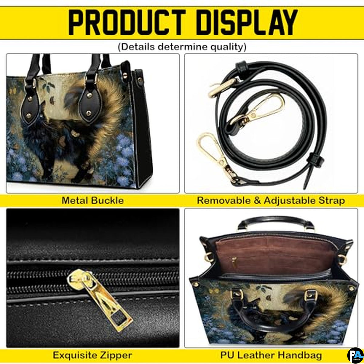 Personalized Gold Tailed Cat and Butterflies Handbag