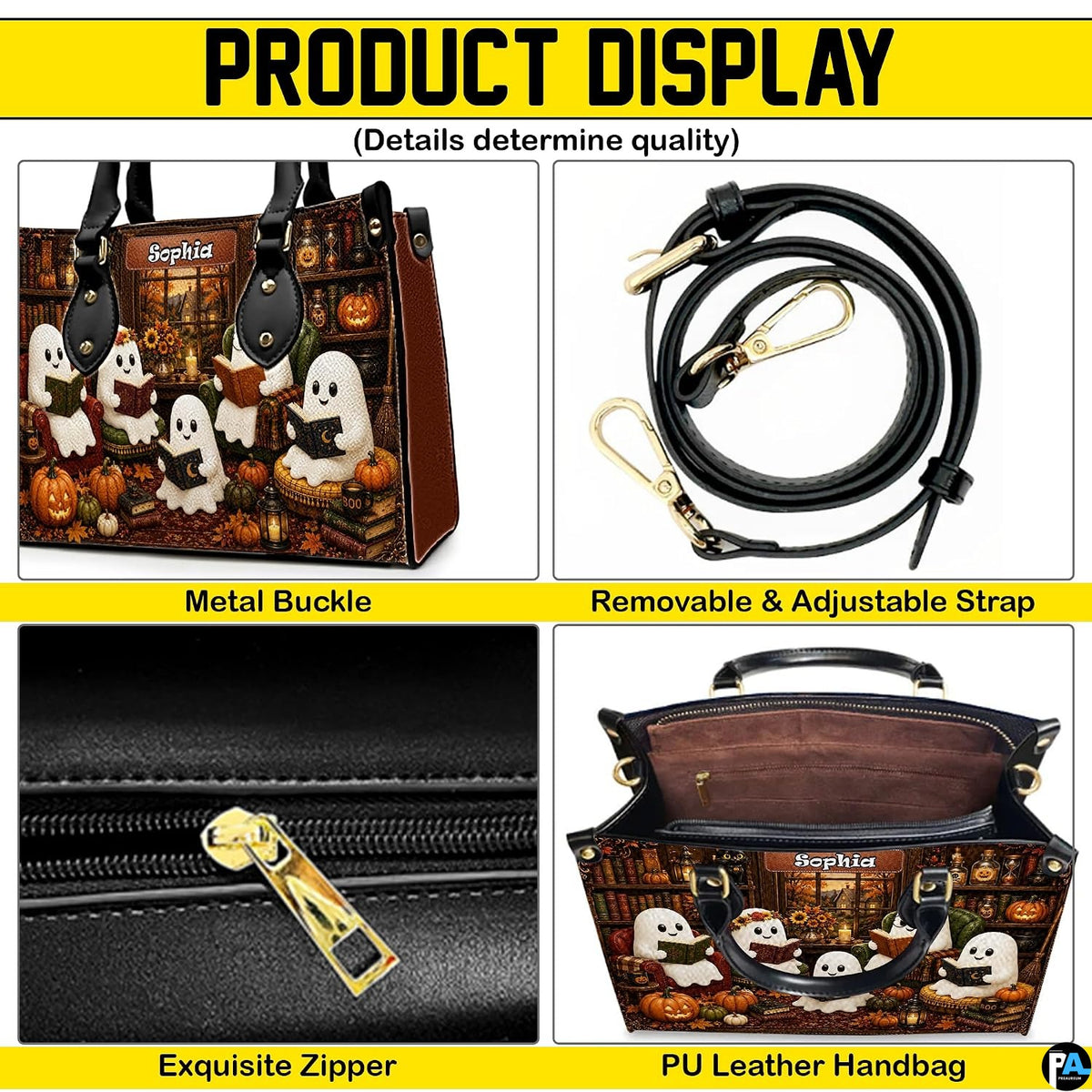 Product display overview showing metal hardware, adjustable shoulder strap, zipper top, and interior.