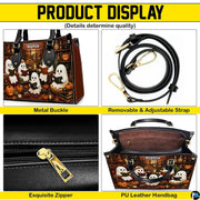 Product display overview showing metal hardware, adjustable shoulder strap, zipper top, and interior.