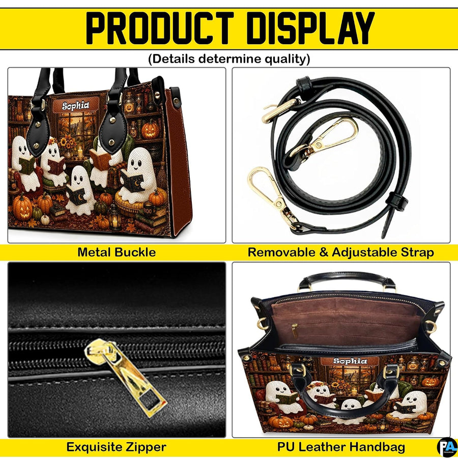 Product display overview showing metal hardware, adjustable shoulder strap, zipper top, and interior.
