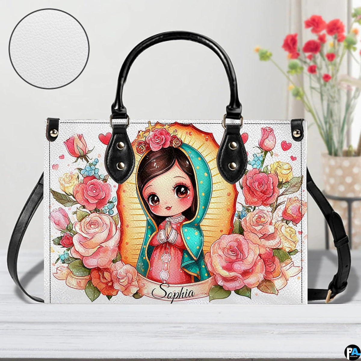 Front view of chibi Guadalupe handbag with circular inset showing textured white surface finish.