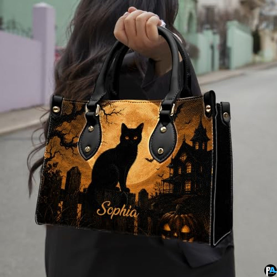 Black Cat Leather Bag – Vintage Cat Art Handbag, Stylish Animal-Themed Purse, Unique Gift for Cat Lovers