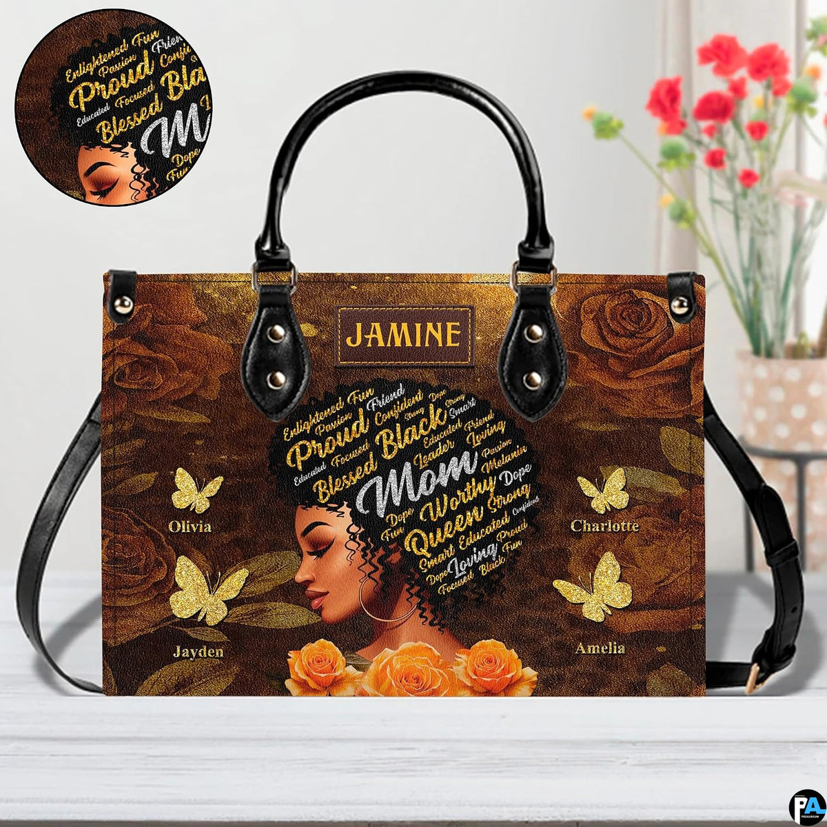 Frontal studio view of gold rose art accessory beside circular inset highlighting typographic coiffure.