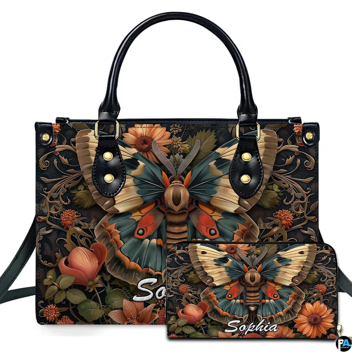 Vintage botanical moth floral handbag and matching wallet set
