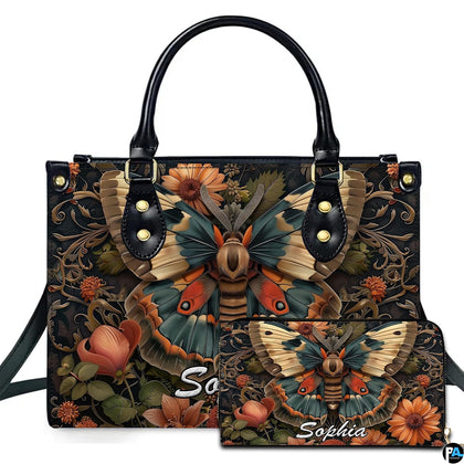 Vintage botanical moth floral handbag and matching wallet set