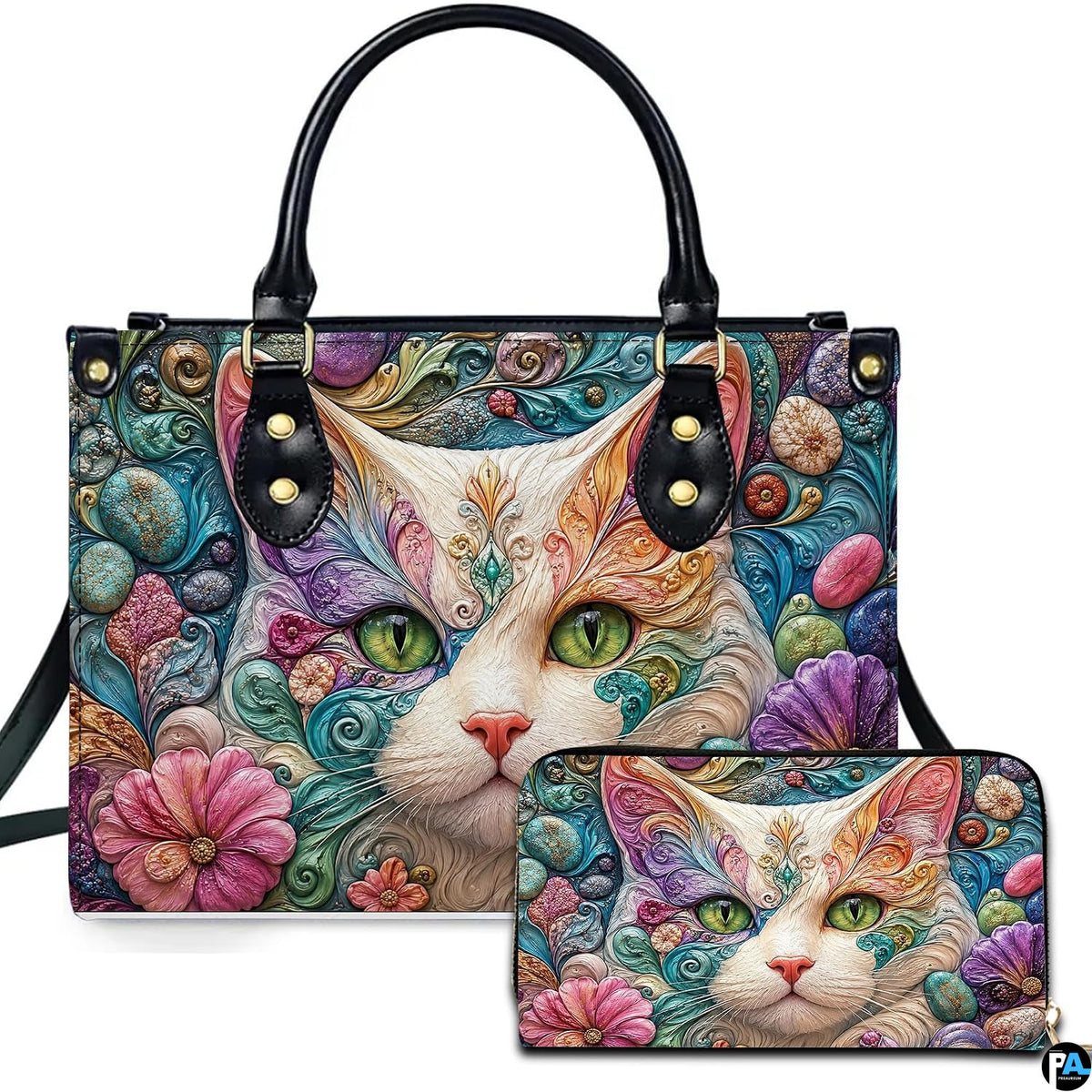 Studio presentation showing white cat filigree artwork alongside matching companion accessory on plain white surface.