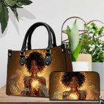 Handbag and wallet set displayed on table with potted greenery
