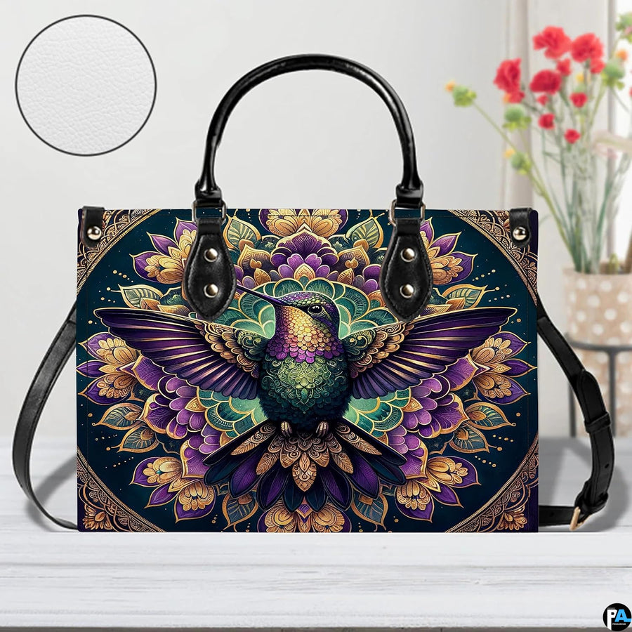 Handbag displayed in indoor setting with floral arrangement and circular texture close-up inset.