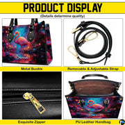 Matching zip wallet showing the identical glowing flamingo and twilight floral pond art.