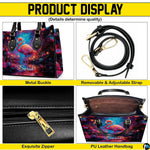 Matching zip wallet showing the identical glowing flamingo and twilight floral pond art.