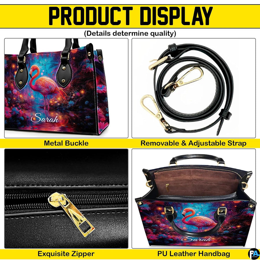 Matching zip wallet showing the identical glowing flamingo and twilight floral pond art.
