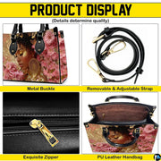 Four panel graphic illustrating metal buckle, detachable strap, zipper pull, and interior layout.