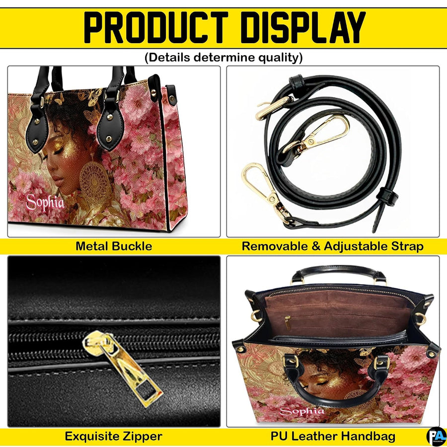 Four panel graphic illustrating metal buckle, detachable strap, zipper pull, and interior layout.