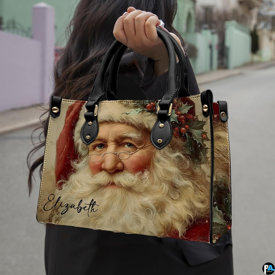 Outdoor lifestyle view of model carrying the vintage Santa face handbag on a city sidewalk.