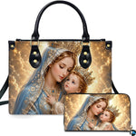 Front view of crowned Madonna and Child handbag and matching wallet set with golden clouds