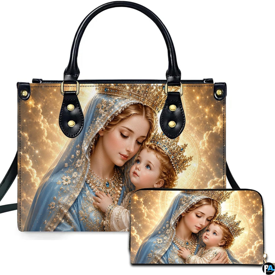 Front view of crowned Madonna and Child handbag and matching wallet set with golden clouds