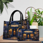Lifestyle scale display presenting the relative proportions of the evening streetlamp handbag and wallet set.