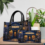 Lifestyle scale display presenting the relative proportions of the evening streetlamp handbag and wallet set.