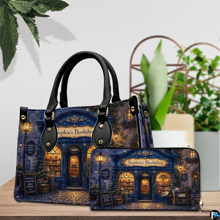 Lifestyle scale display presenting the relative proportions of the evening streetlamp handbag and wallet set.