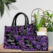Detailed perspective of purple butterfly handbag showing handle hardware and floral petal textures.