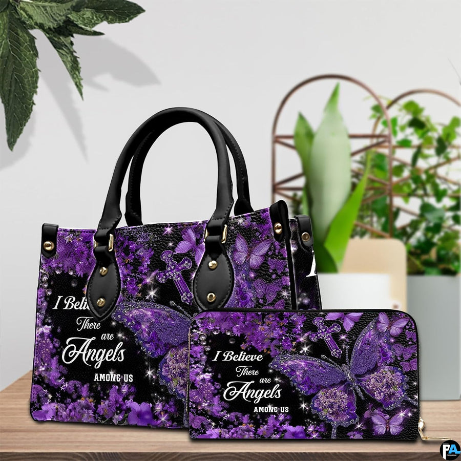 Detailed perspective of purple butterfly handbag showing handle hardware and floral petal textures.