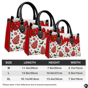 Size comparison chart illustrating medium, large, and extra-large options for the holiday confectionery handbag.