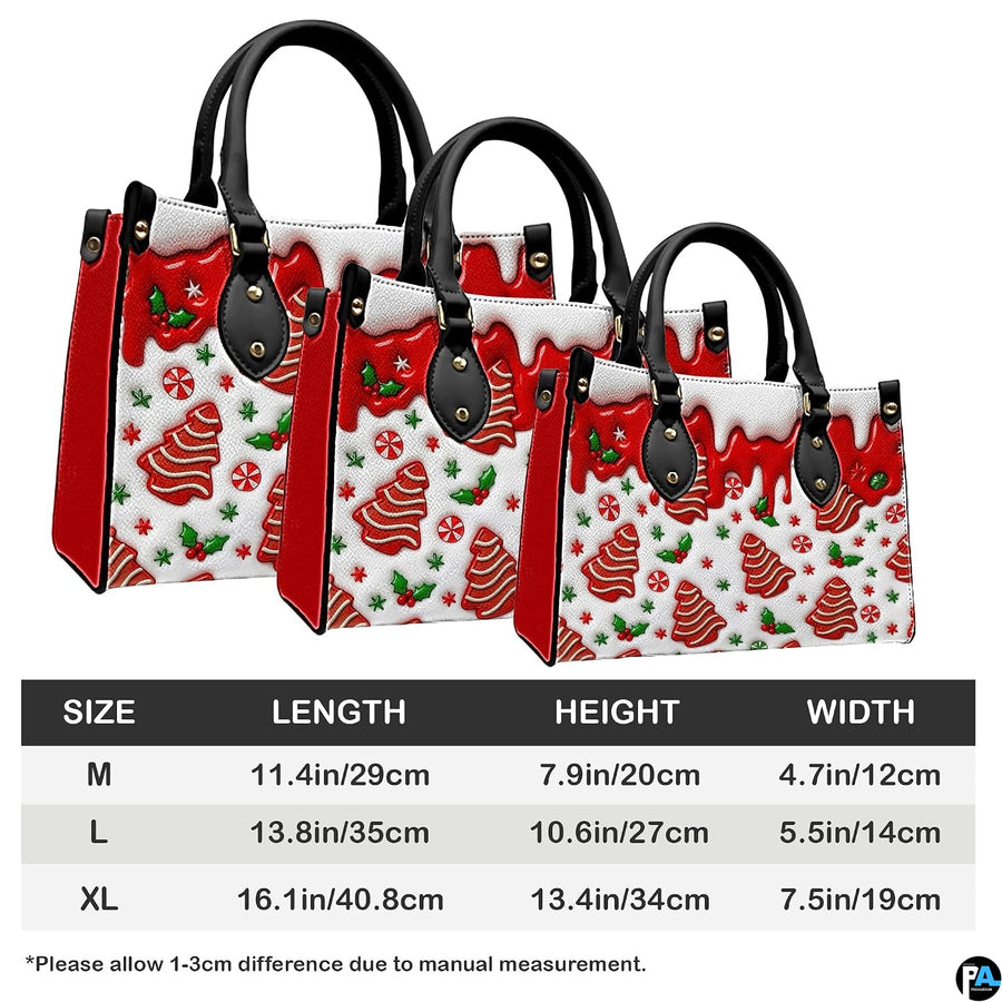 Size comparison chart illustrating medium, large, and extra-large options for the holiday confectionery handbag.
