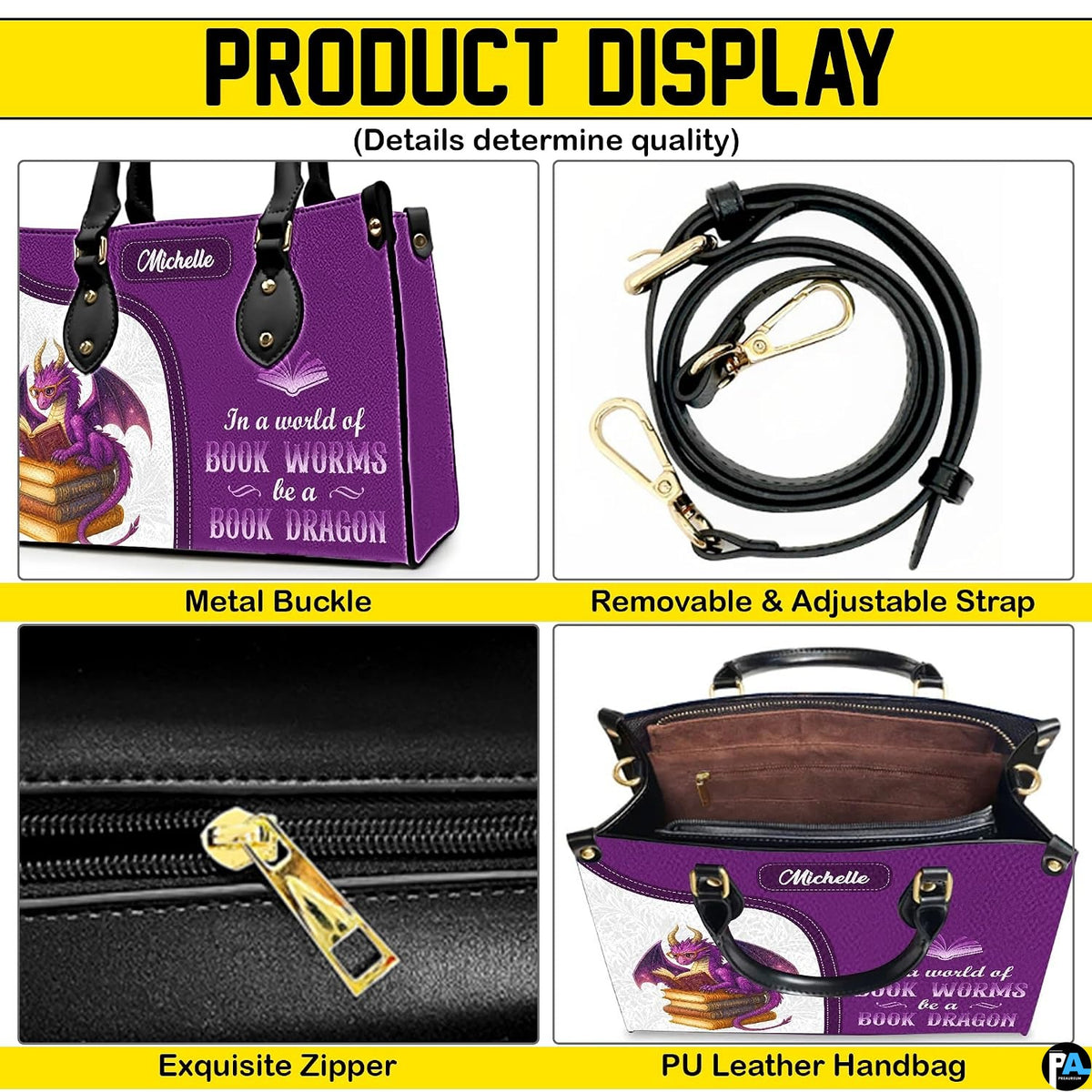 Sizing guide comparing Medium, Large, and Extra Large dimensions for the handbag.