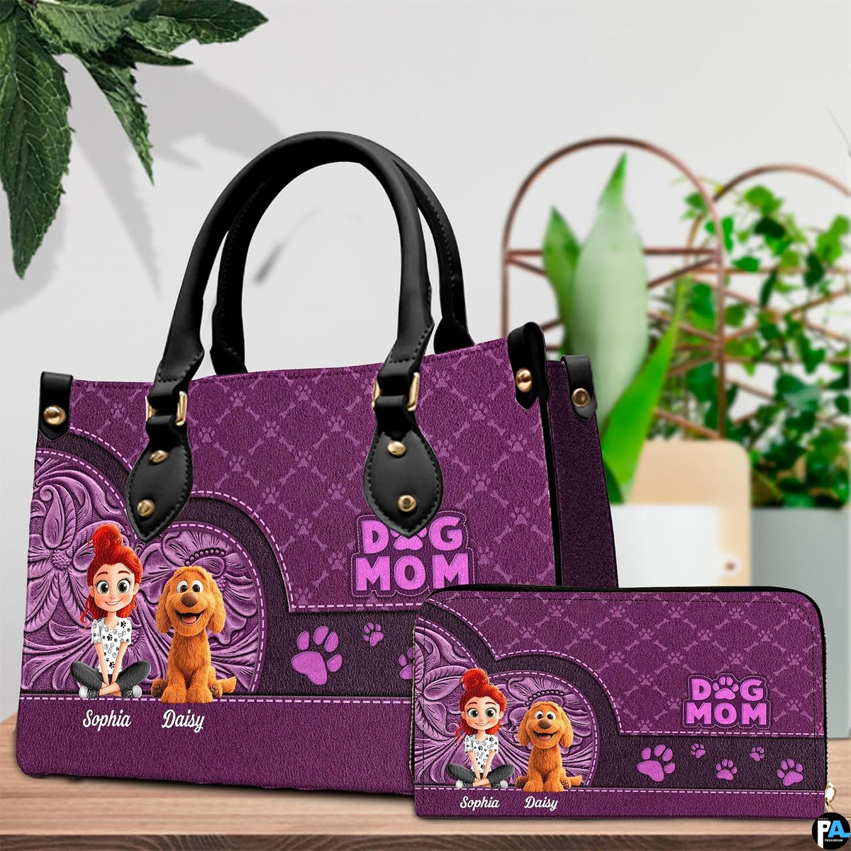 Coordinating purple western dog lover tote handbag and zippered wallet duo