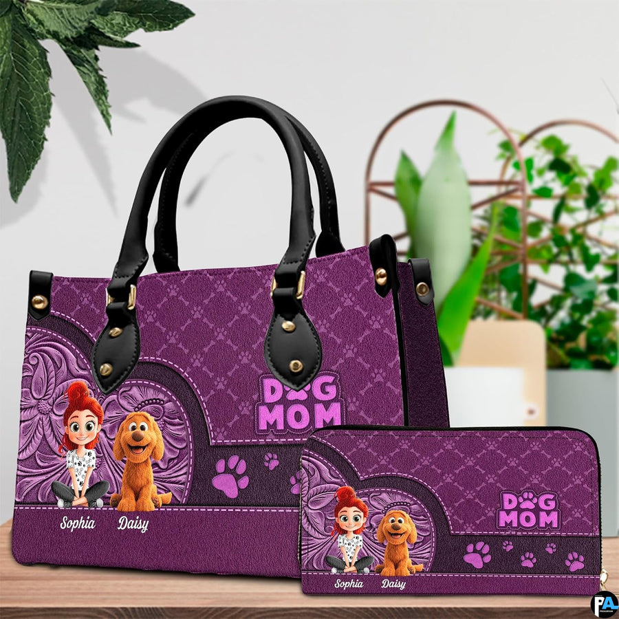 Coordinating purple western dog lover tote handbag and zippered wallet duo