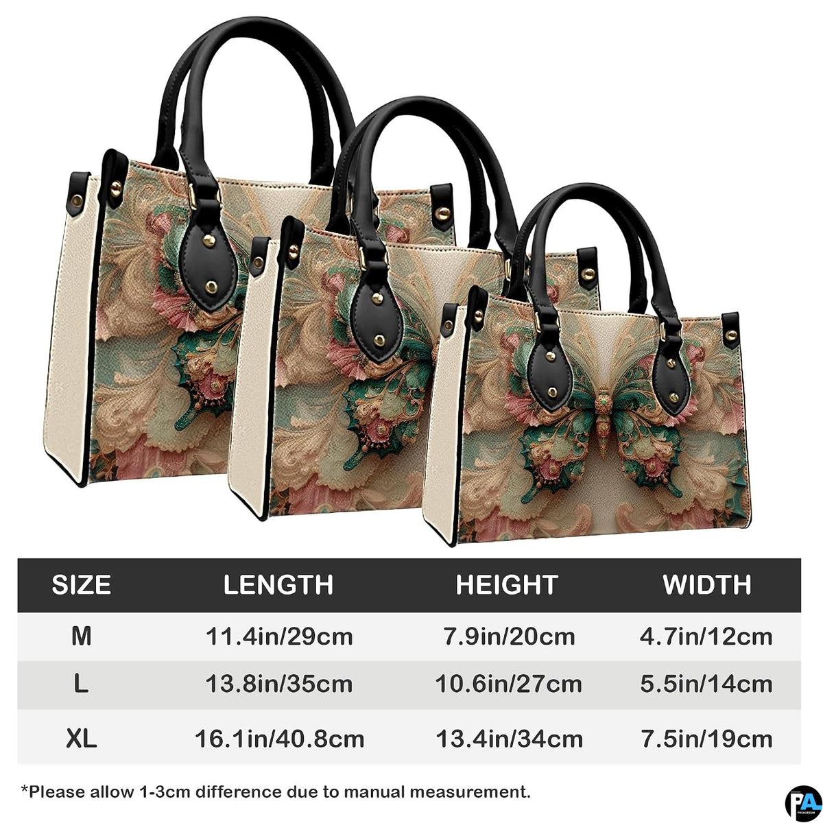 Measurement comparison graphic showing dimensional variations for Rococo butterfly handbag