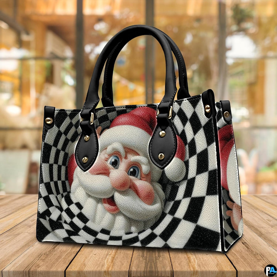 Angled tabletop view of optical illusion checkered tunnel Santa Claus handbag with plant decor