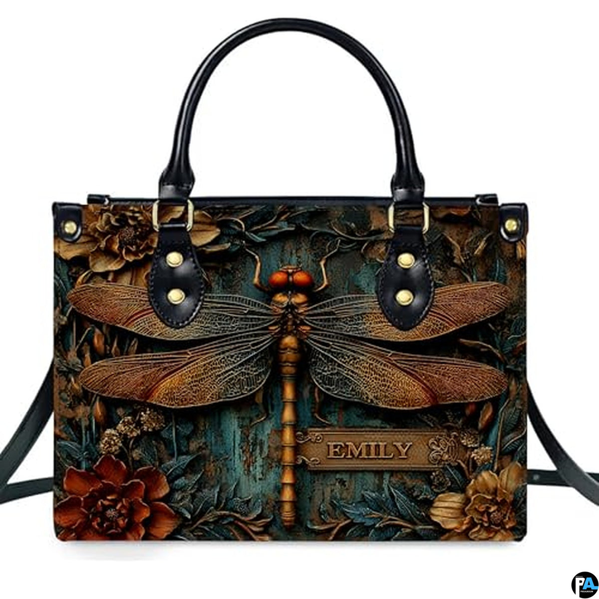 Personalized Animal Leather Handbag – Custom Name Flowers with 2D Print with 3D Effect – Gift for Gramma, Mom, Daughter