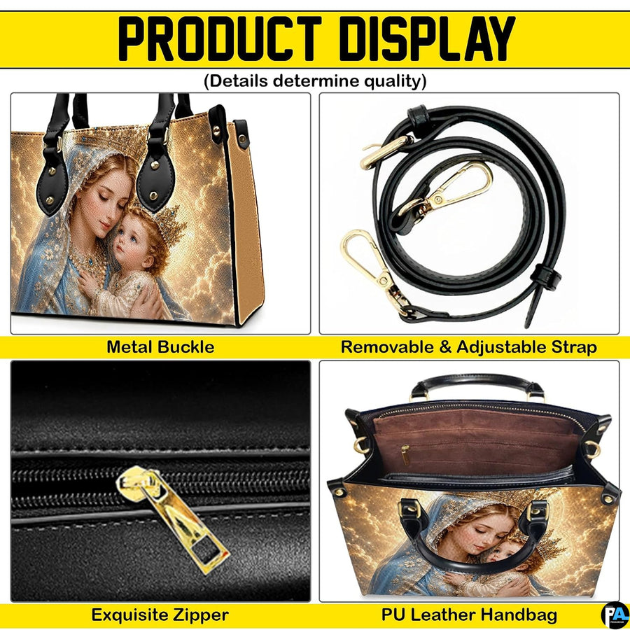 Back view of Madonna and Child handbag showing coordinated golden celestial design
