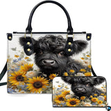 Black Highland Cow Calf Sunflower Handbag and Wallet Set