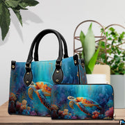 Lifestyle model display showing the colorful sea turtle handbag carried over the shoulder.