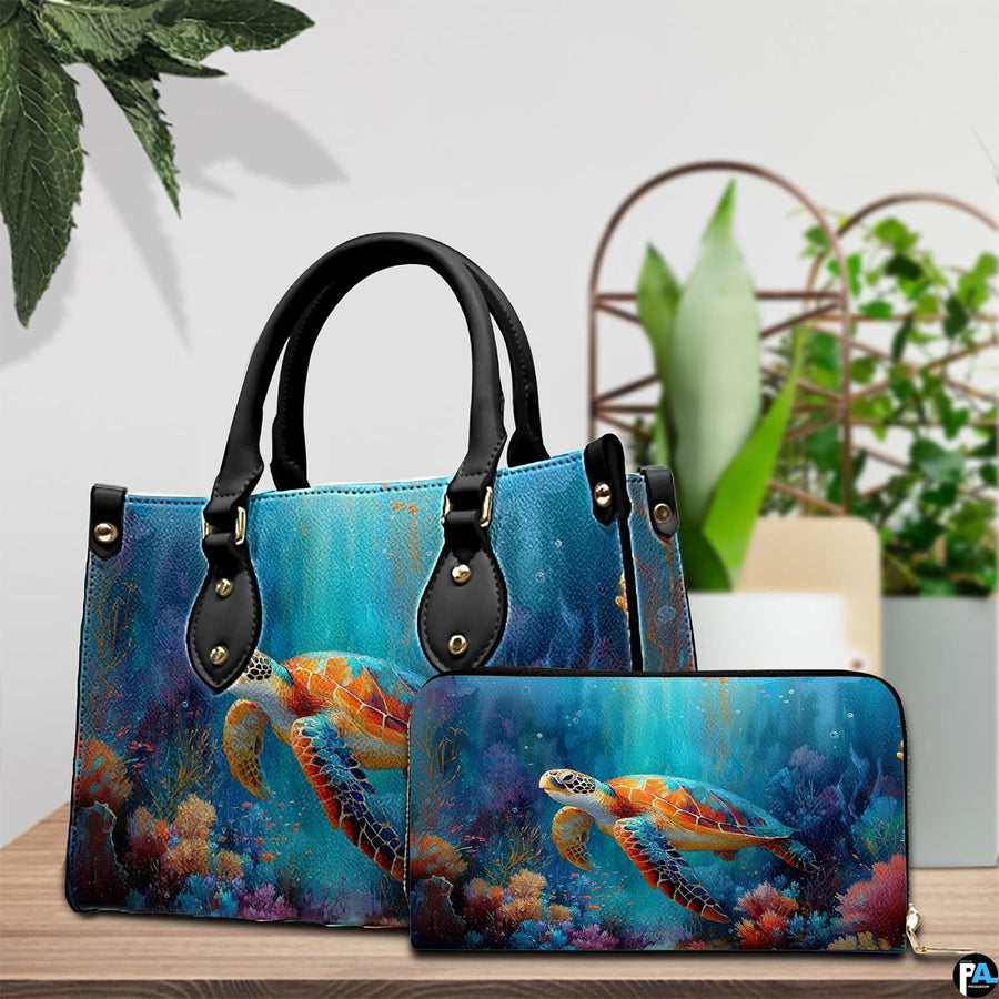 Lifestyle model display showing the colorful sea turtle handbag carried over the shoulder.