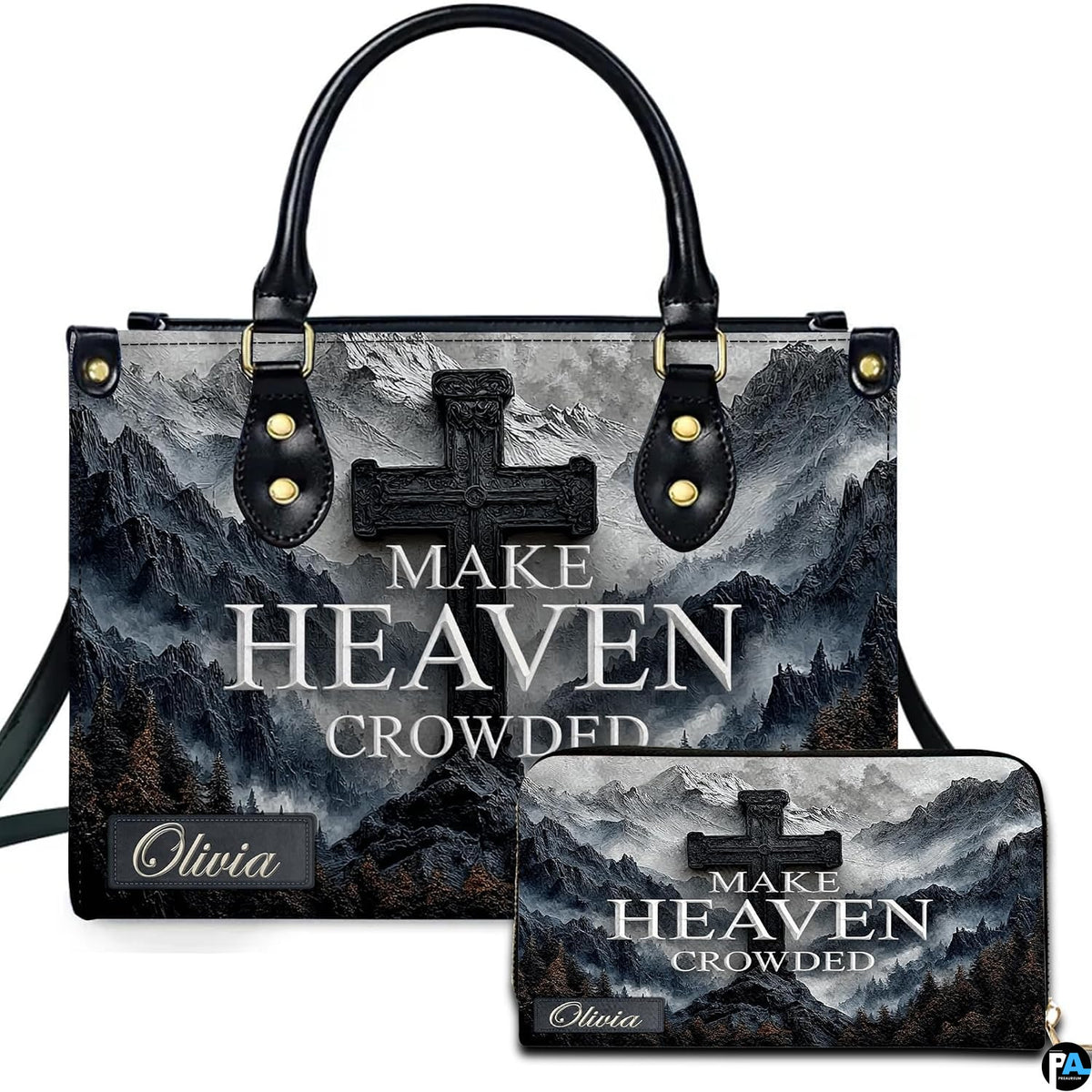 Front view of mountain peak stone cross handbag and matching wallet set with misty alpine scenery