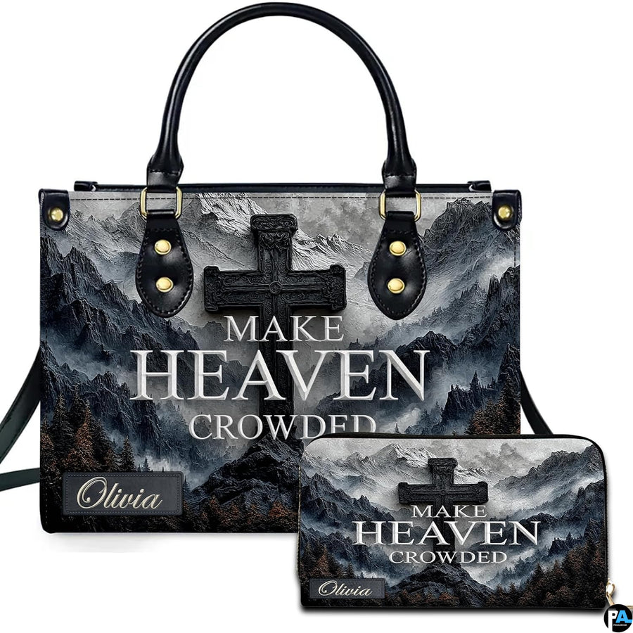Front view of mountain peak stone cross handbag and matching wallet set with misty alpine scenery