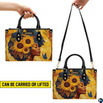 Visual arrangement highlighting two distinct carrying orientations of the sunflower afro artwork.